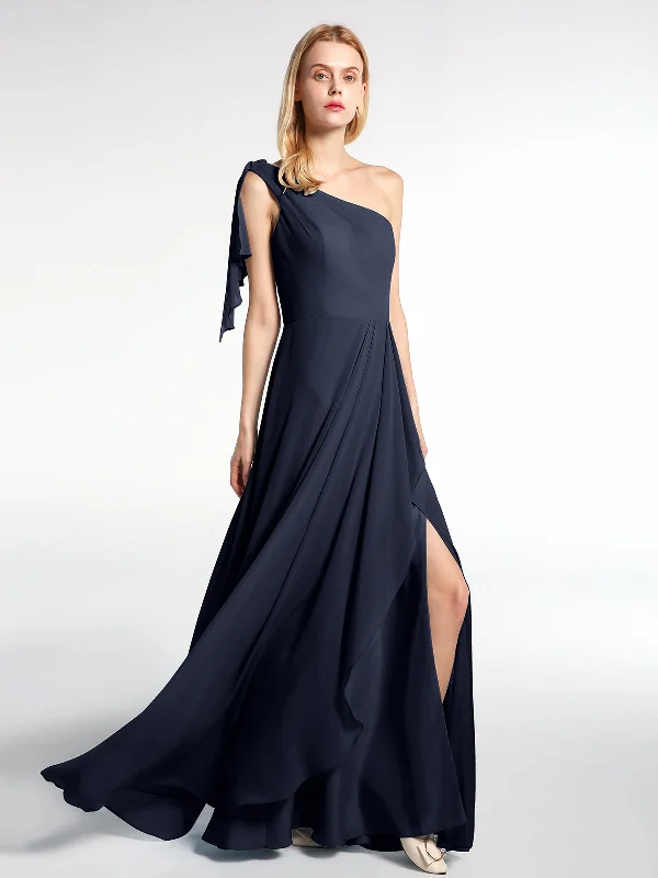 One Shoulder Chiffon Maxi Dress with Cascade-Dark Navy Comfortable Bohemian Maxi Dress