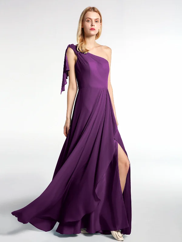 One Shoulder Chiffon Maxi Dress with Cascade-Grape Elegant Floral Maxi Dress