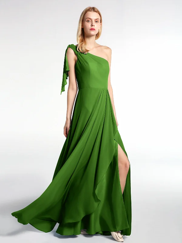 One Shoulder Chiffon Maxi Dress with Cascade-Moss Classic V-Neck Maxi Dress