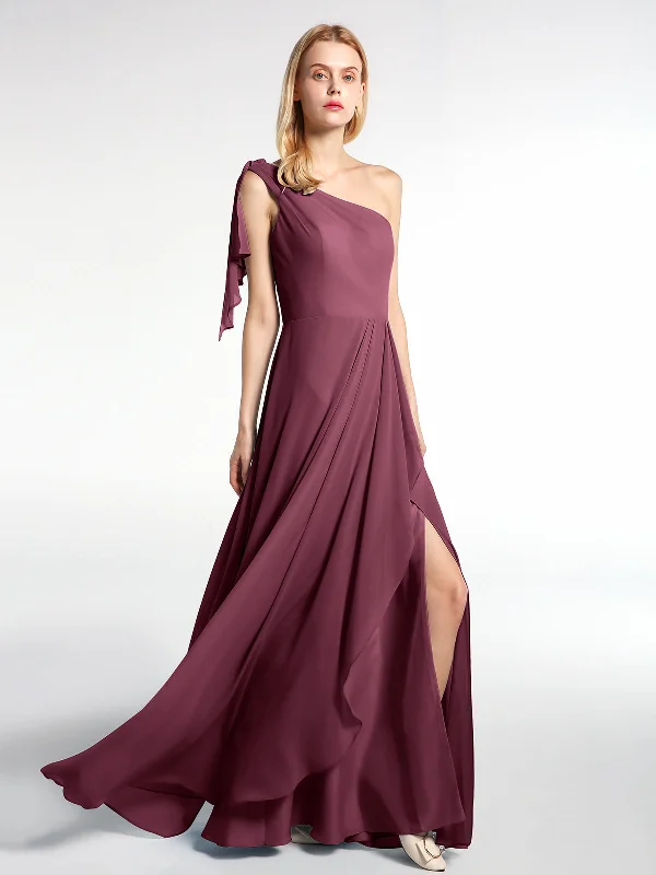 One Shoulder Chiffon Maxi Dress with Cascade-Mulberry Cozy Maxi Dress with Slit