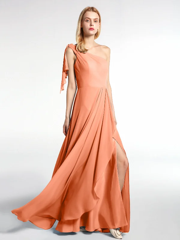 One Shoulder Chiffon Maxi Dress with Cascade-Papaya Elegant Maxi Dress with Drapes