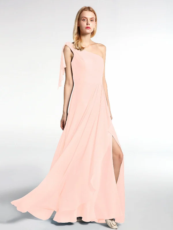 One Shoulder Chiffon Maxi Dress with Cascade-Pearl Pink Stylish Empire Waist Maxi Dress