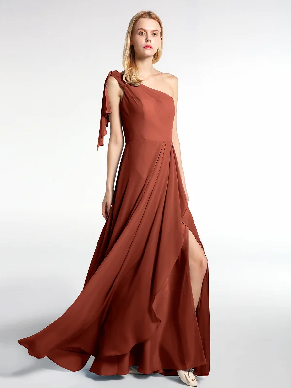 One Shoulder Chiffon Maxi Dress with Cascade-Rust Trendy Maxi Dress with Belt