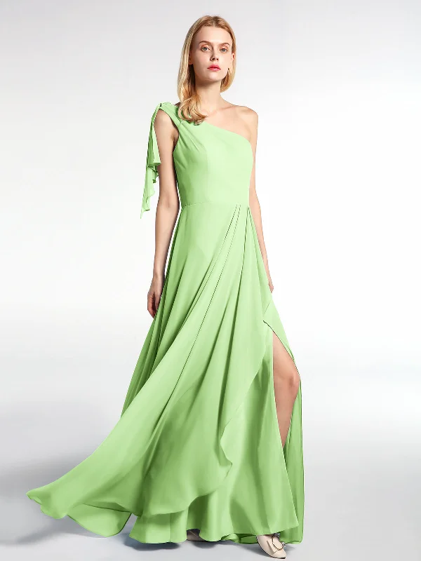 One Shoulder Chiffon Maxi Dress with Cascade-Sage Cozy Maxi Dress with Slit