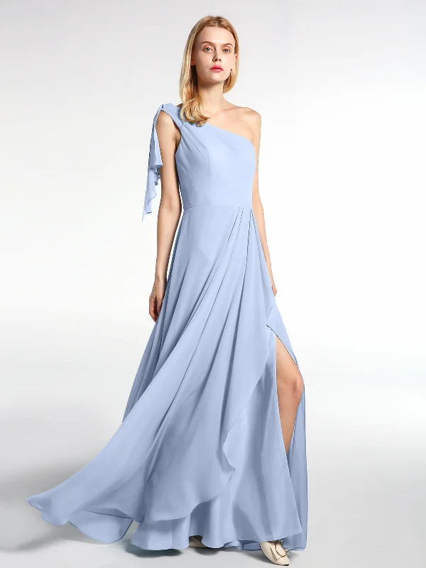 One Shoulder Chiffon Maxi Dress with Cascade-Sky Blue Trendy A-Line Maxi Dress