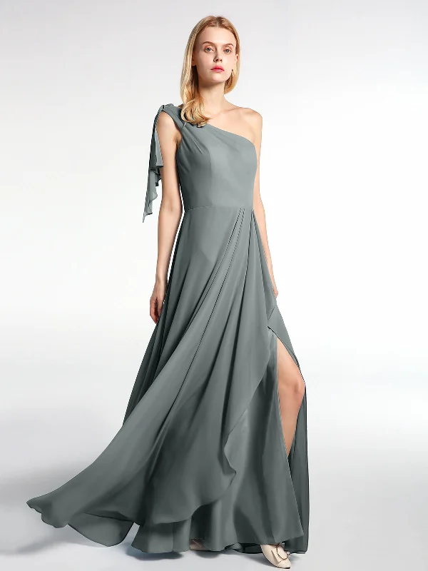 One Shoulder Chiffon Maxi Dress with Cascade-Steel Grey Comfortable Maxi Dress with Belt