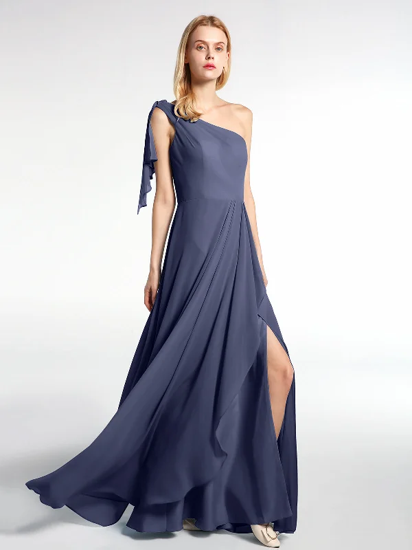 One Shoulder Chiffon Maxi Dress with Cascade-Stormy Trendy Maxi Dress with Belt