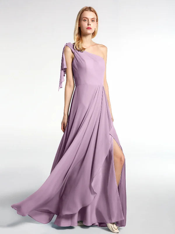 One Shoulder Chiffon Maxi Dress with Cascade-Wisteria Stylish Boho Maxi Dress