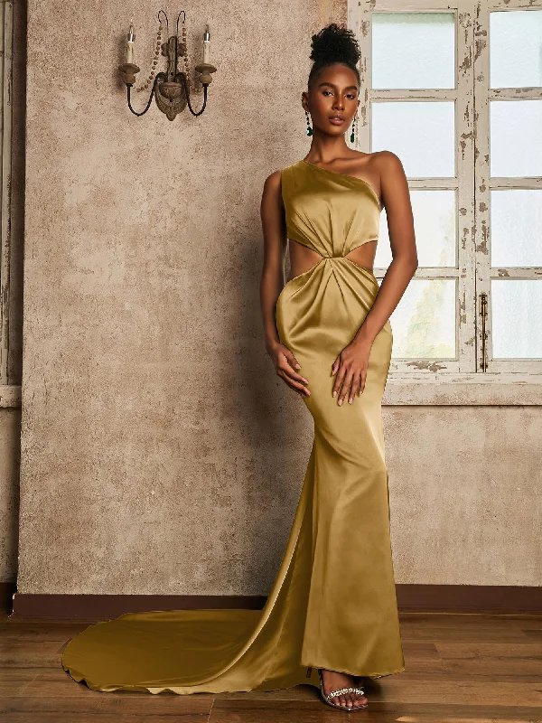 One Shoulder Ruched Waist Cut-Out Maxi Dress Gold Stylish Boho Chic Maxi Dress