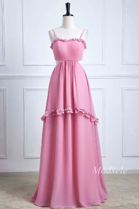 Pink Spaghetti Strap Bow-Back Ruffle Maxi Dress Trendy Fit-and-Flare Maxi Dress