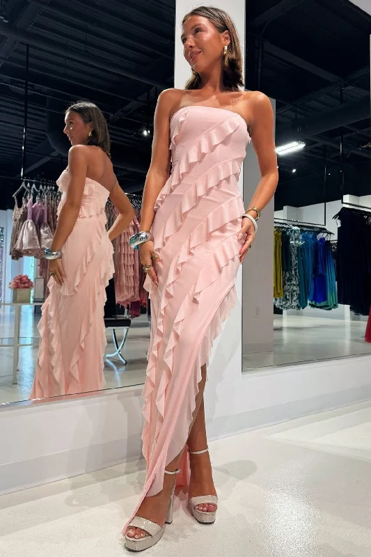 Strapless Ruffle Chiffon Maxi Dress with Slit in Pink Comfortable Satin Maxi Dress