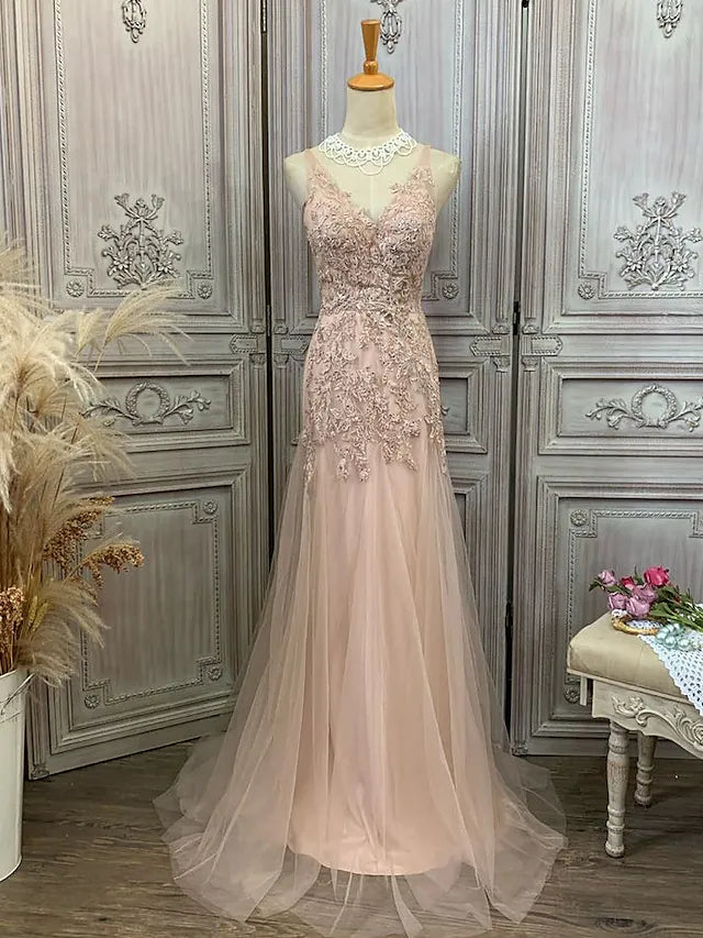 Prom Dresses Maxi Dress Party Wear  Sleeveless V Neck Tulle with Appliques Elegant Boho Maxi Dress