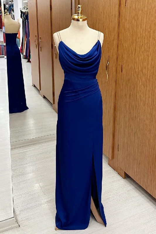 Royal Blue Cowl Neck Sheath Maxi Dress with Slit Fashionable Sheer Maxi Dress