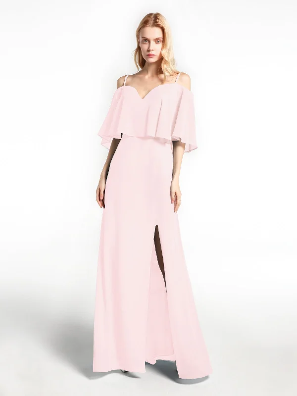 Ruffled Cold Shoulder Maxi Dress with Flounce Overlay Blushing Pink Fashionable Open-Back Maxi Dress