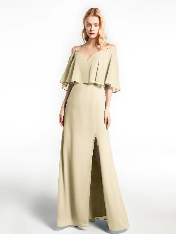 Ruffled Cold Shoulder Maxi Dress with Flounce Overlay Champagne Trendy Maxi Dress with Straps