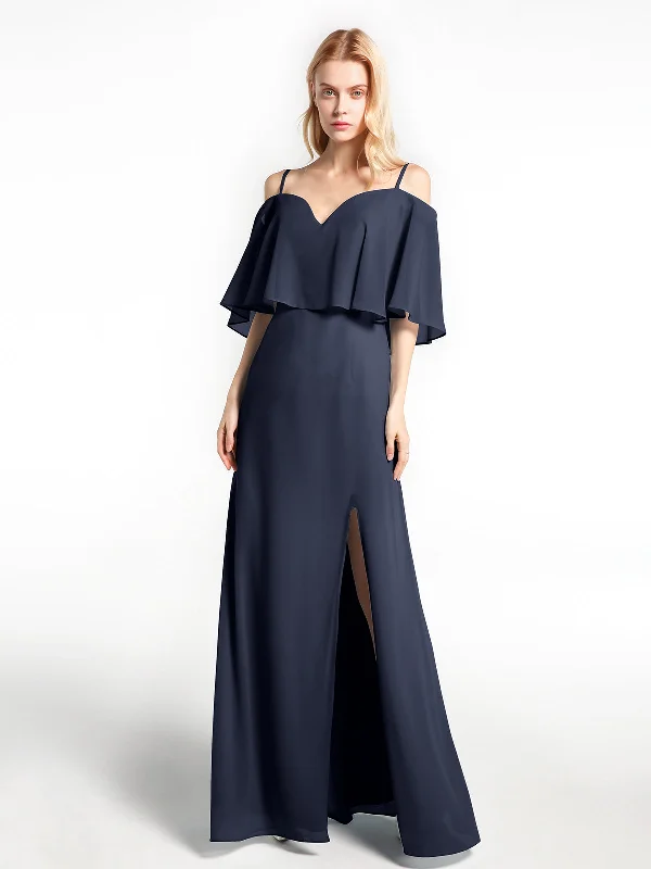 Ruffled Cold Shoulder Maxi Dress with Flounce Overlay Dark Navy Fashionable Layered Maxi Dress