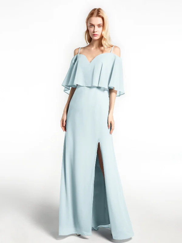 Ruffled Cold Shoulder Maxi Dress with Flounce Overlay Mist Comfortable Fitted Maxi Dress