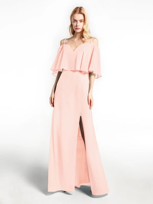 Ruffled Cold Shoulder Maxi Dress with Flounce Overlay Pearl Pink Chic Button-Up Maxi Dress