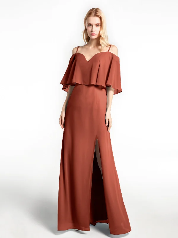 Ruffled Cold Shoulder Maxi Dress with Flounce Overlay Rust Elegant Boho Maxi Dress