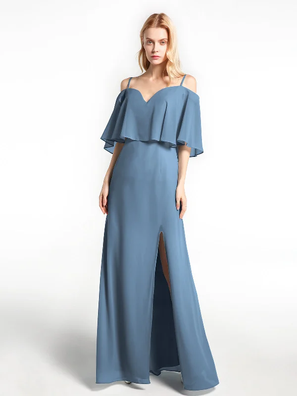 Ruffled Cold Shoulder Maxi Dress with Flounce Overlay Slate Blue Elegant Pleated Maxi Dress