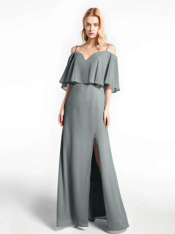 Ruffled Cold Shoulder Maxi Dress with Flounce Overlay Steel Grey Trendy Ruffled Maxi Dress