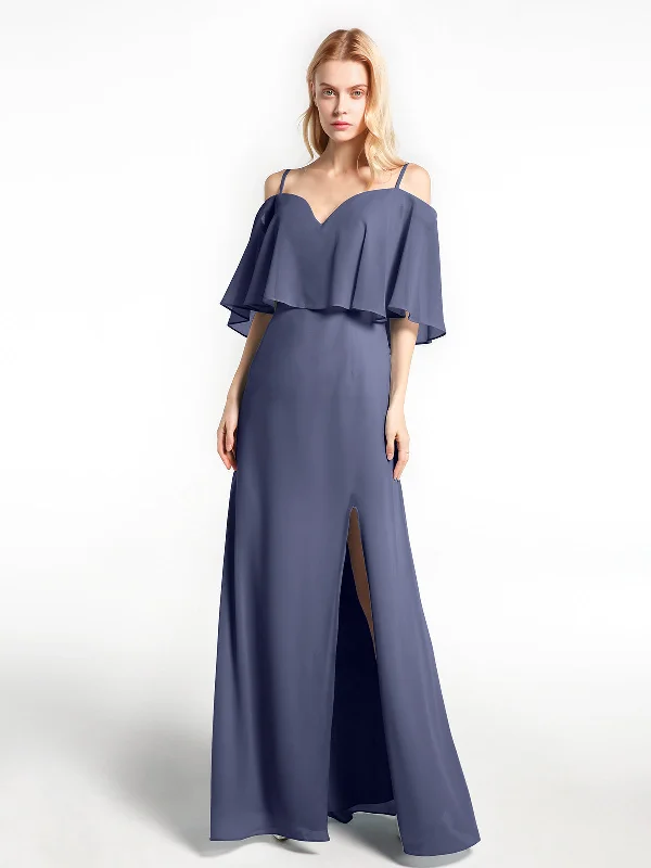 Ruffled Cold Shoulder Maxi Dress with Flounce Overlay Stormy Fashionable High-Waist Maxi Dress