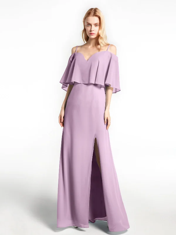 Ruffled Cold Shoulder Maxi Dress with Flounce Overlay Wisteria Stylish Maxi Dress with Pleats