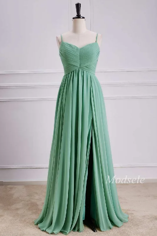 Sage Chiffon Spaghetti Strap Maxi Dress with Slit Cozy Ruffle Sleeve Maxi Dress