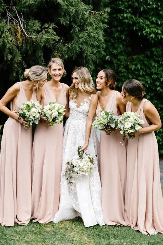 Simple V Neck Light Pink Bridesmaid Dresses Cheap Long Chiffon Maxi Dress WK586 Fashionable Button-Down Maxi Dress