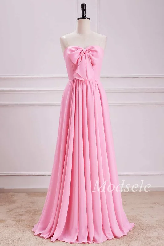 Strapless Bow Front A-Line Chiffon Maxi Dress in Pink Fashionable Button-Down Maxi Dress