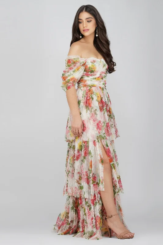 Sydney Tulle Maxi Dress in Bright Floral Trendy Button Front Maxi Dress