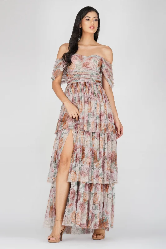 Sydney Off Shoulder Tulle Maxi Dress in Brown Floral Trendy A-Line Maxi Dress