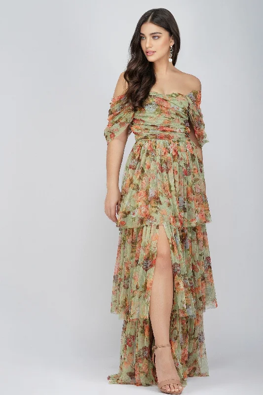 Sydney Tulle Maxi Dress in Green Floral Stylish V-Neck Maxi Dress