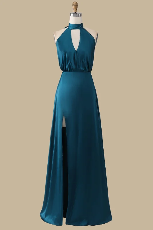 Turquoise Halter Blouson-Style Maxi Dress with Slit Elegant Sleeveless Maxi Dress