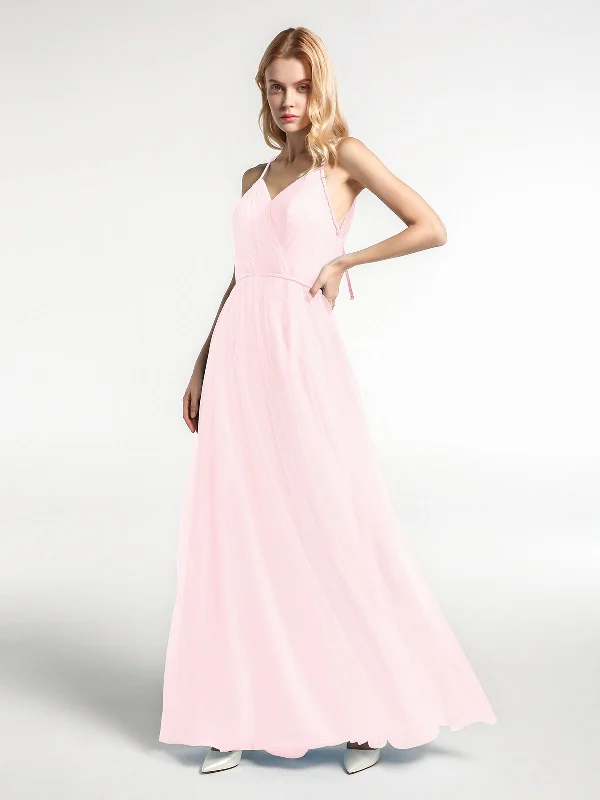 Twist Straps Tulle Maxi Dress with V Neckline Blushing Pink Fashionable Layered Maxi Dress