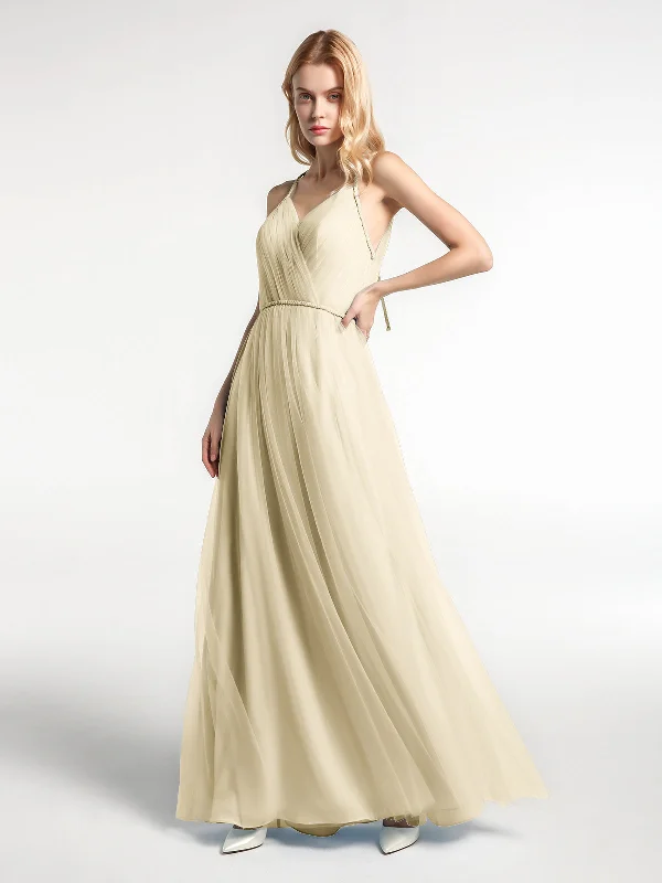 Twist Straps Tulle Maxi Dress with V Neckline Champagne Classic Black Maxi Dress