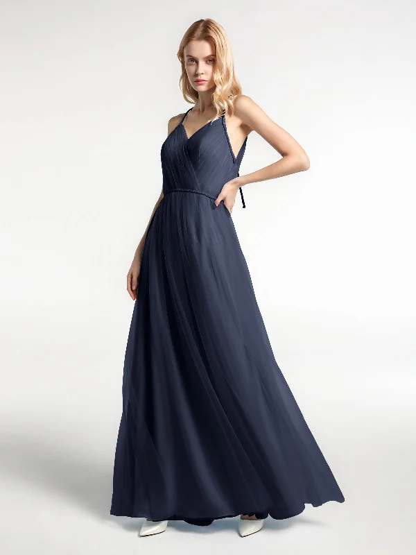 Twist Straps Tulle Maxi Dress with V Neckline Dark Navy Comfortable Ruffle Hem Maxi Dress