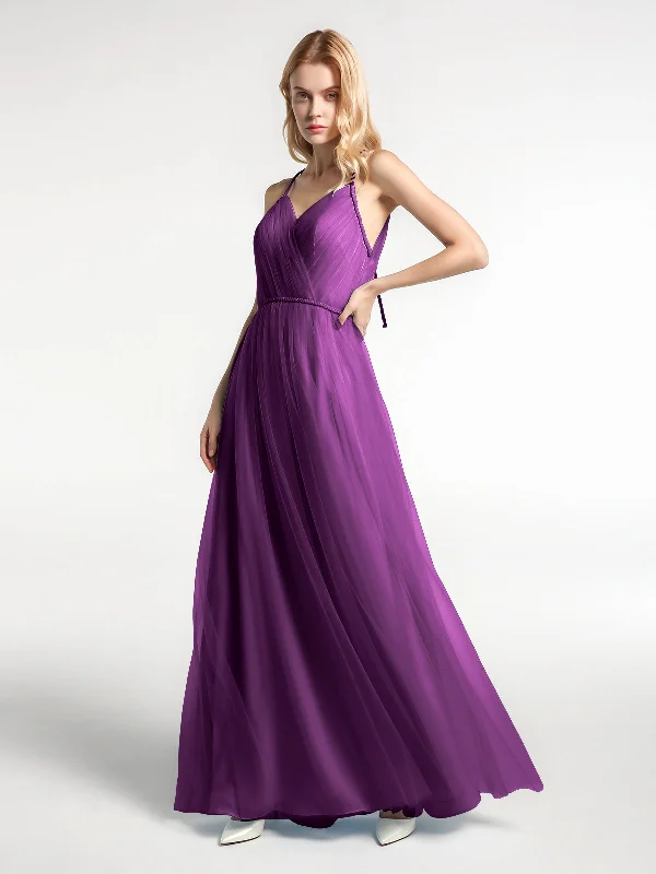 Twist Straps Tulle Maxi Dress with V Neckline Grape Fashionable High-Waist Maxi Dress