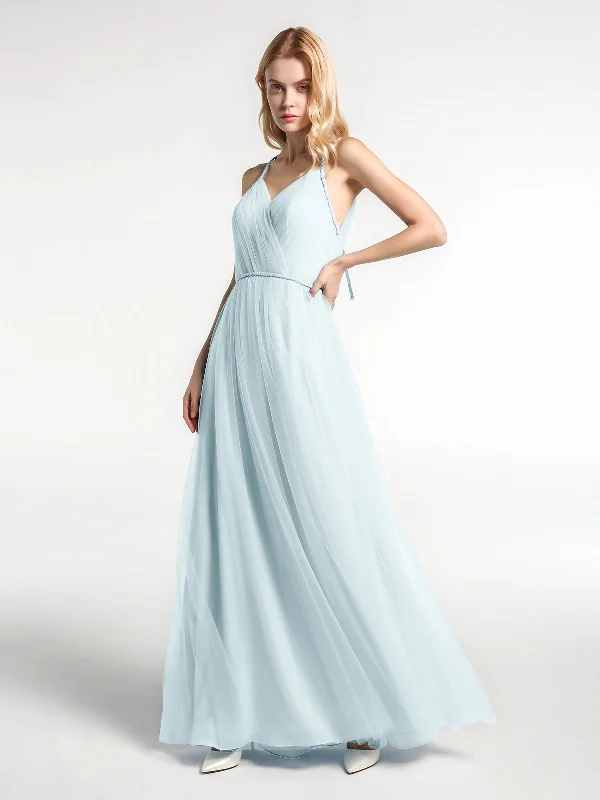 Twist Straps Tulle Maxi Dress with V Neckline Mist Stylish One-Shoulder Maxi Dress