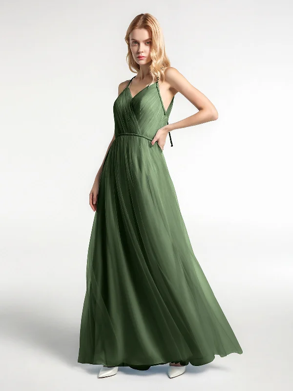 Twist Straps Tulle Maxi Dress with V Neckline Olive Green Elegant Wraparound Maxi Dress