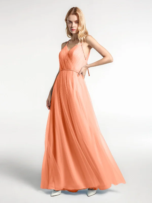 Twist Straps Tulle Maxi Dress with V Neckline Papaya Trendy Maxi Dress with Belt