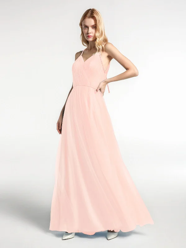 Twist Straps Tulle Maxi Dress with V Neckline Pearl Pink Fashionable Halter Neck Maxi Dress