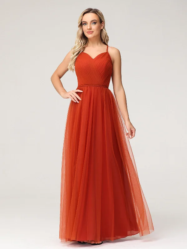 Twist Straps Tulle Maxi Dress with V Neckline Rust Trendy Off-Shoulder Ruffle Maxi Dress