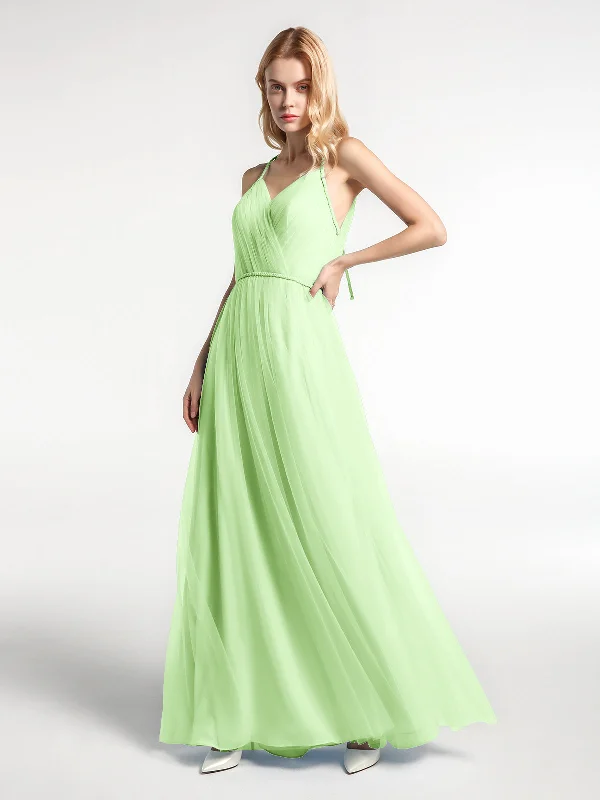 Twist Straps Tulle Maxi Dress with V Neckline Sage Trendy A-Line Maxi Dress