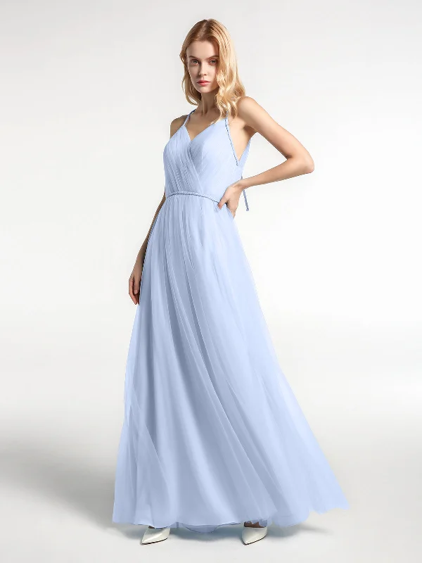 Twist Straps Tulle Maxi Dress with V Neckline Sky Blue Elegant Pleated Maxi Dress