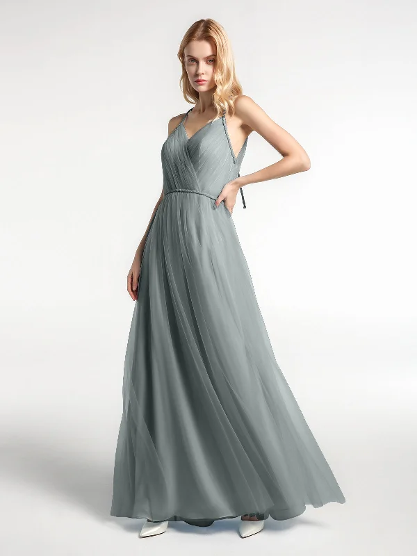 Twist Straps Tulle Maxi Dress with V Neckline Steel Grey Trendy V-Neck Maxi Dress