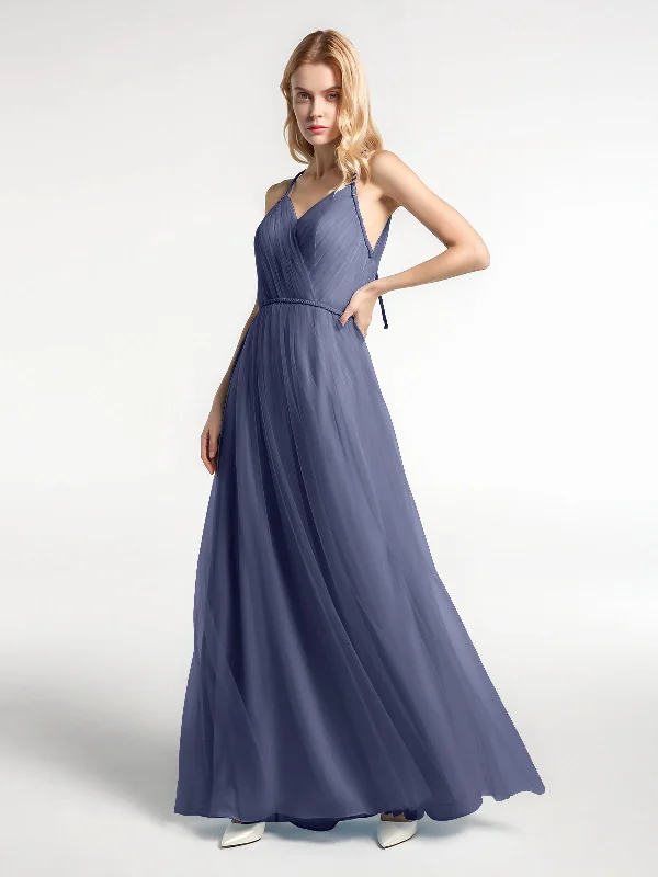 Twist Straps Tulle Maxi Dress with V Neckline Stormy Fashionable Chiffon Maxi Dress