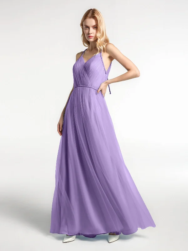 Twist Straps Tulle Maxi Dress with V Neckline Tahiti Trendy Satin Maxi Dress