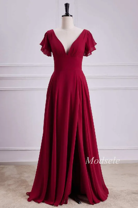 V-Neck Chiffon Maxi Dress with Flutter Sleeves in Red Stylish Longline Maxi Dress