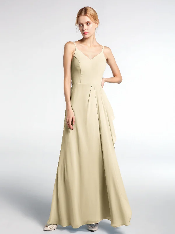 V-neck Chiffon Simple Maxi Dress with Spaghetti Straps-Champagne Elegant Silk Maxi Dress